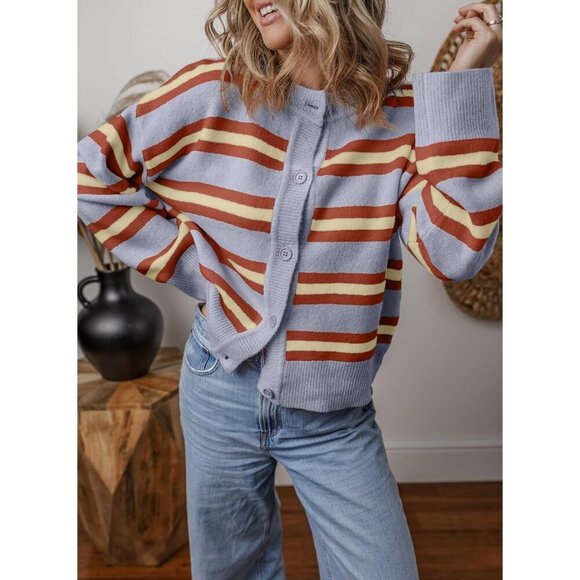 Women's Striped Cotton Cropped Cardigan Sweater Light Layer Casual Chic - Picture 3 of 5